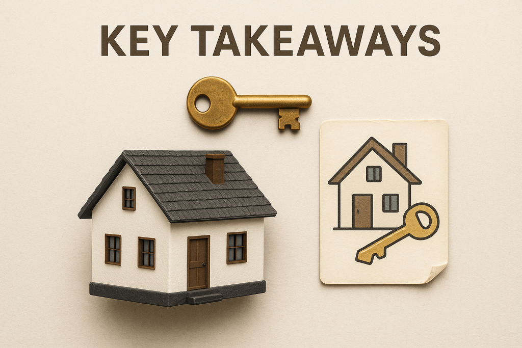 A real estate concept image featuring a miniature house model, a vintage-style golden key, and an illustrated house with a key on a card. The text "KEY TAKEAWAYS" highlights important points for homebuyers, real estate investors, or property market guides. Ideal for blog posts, presentations, or social media content about buying property, real estate tips, or investment advice.