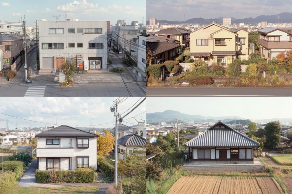 Japanese houses in urban, suburban, semi-rural, and rural Japan.