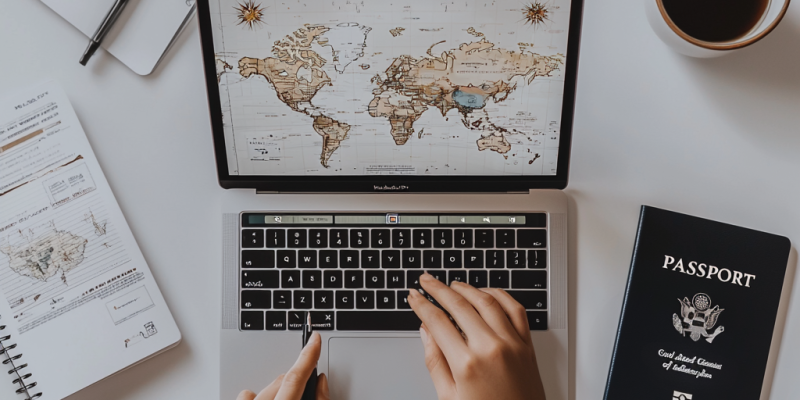Laptop showing map of Japan with a Japanese passport and relocation planning notebook on a desk