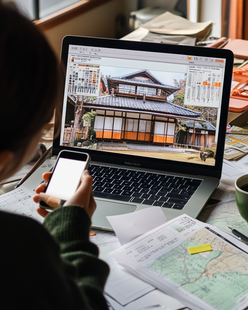 Person searching for a Japanese kominka home, surrounded by real estate papers and speaking on the phone