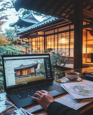 Remote property consultation via Zoom showing a traditional Japanese home listing, risk map, and English annotations for flood and commute time