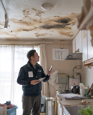 Inspector checking inside and outside of a vacant Japanese home for an overseas owner