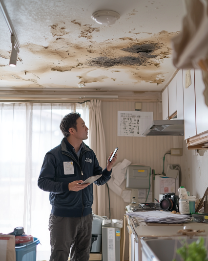 Inspector checking inside and outside of a vacant Japanese home for an overseas owner