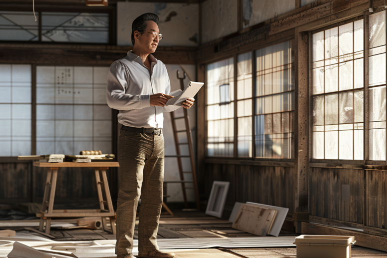 Architect with tablet inside a worn kominka home, renovation tools on table in foreground