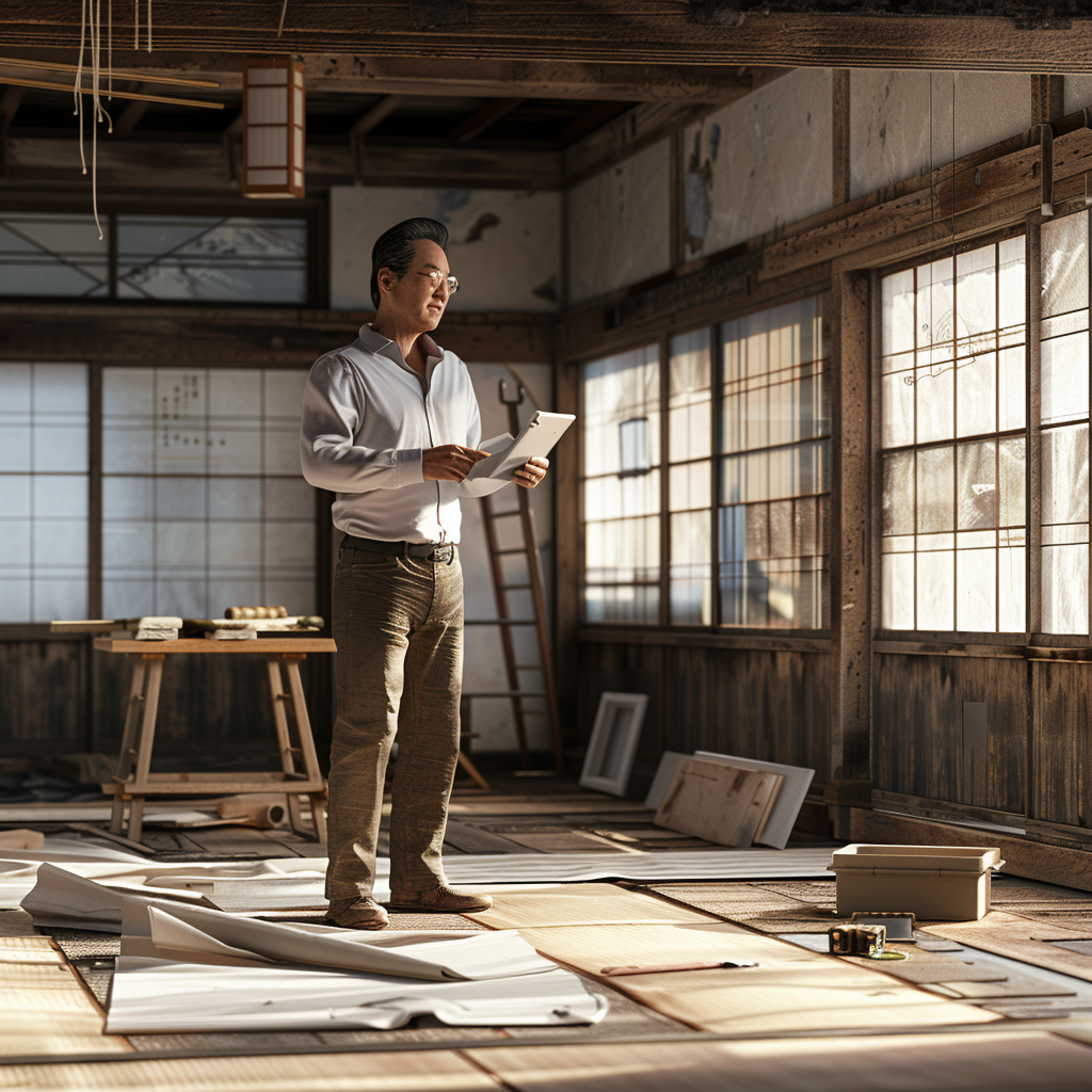 Architect with tablet inside a worn kominka home, renovation tools on table in foreground