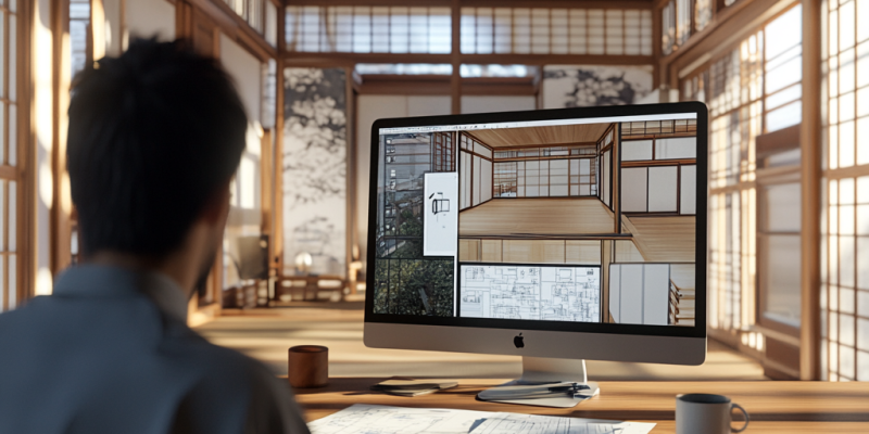 Modern architect working on blueprints in a Japanese kominka office with an iMac