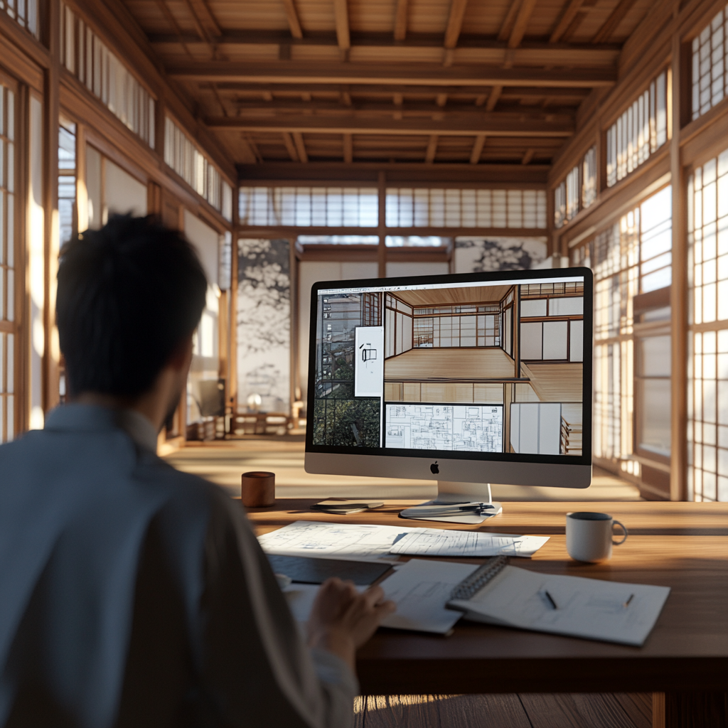 Modern architect working on blueprints in a Japanese kominka office with an iMac