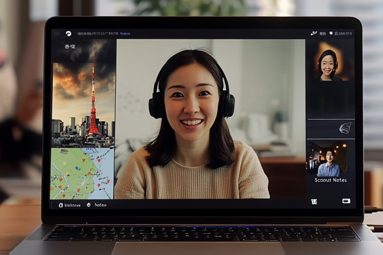 Woman on video call from relocation specialist, Japanese agent in thumbnail, scout notes and Tokyo map visible.
