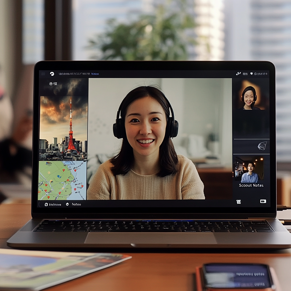 Woman on video call from relocation specialist, Japanese agent in thumbnail, scout notes and Tokyo map visible.