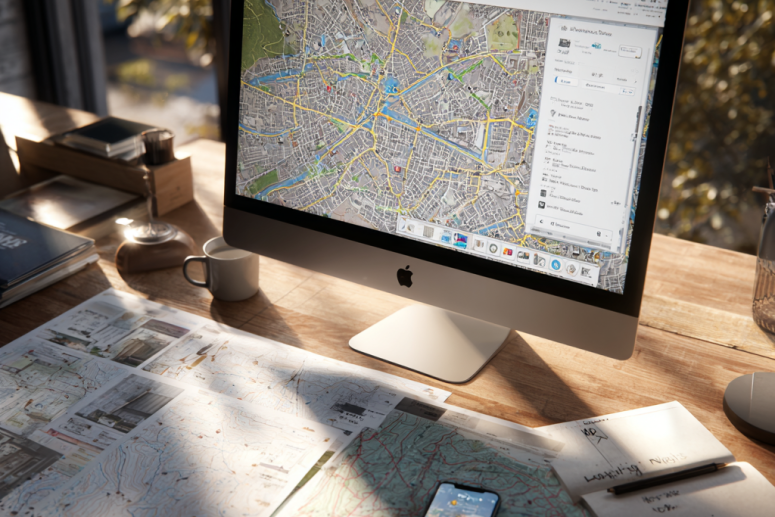Japanese neighborhood map with pins on iMac and printed floor plans on desk during location scouting