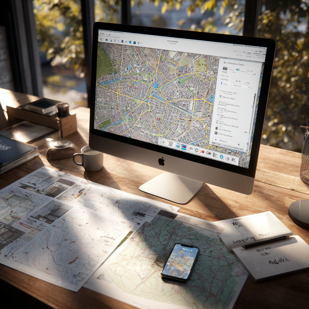 Japanese neighborhood map with pins on iMac and printed floor plans on desk during location scouting