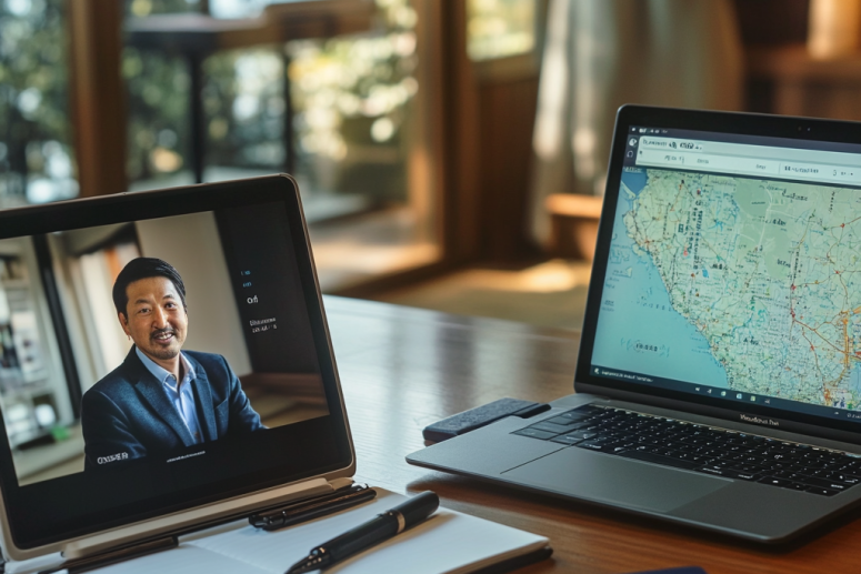 Person in video call with a relocation consultant, Japanese passport and map of Japan visible on desk