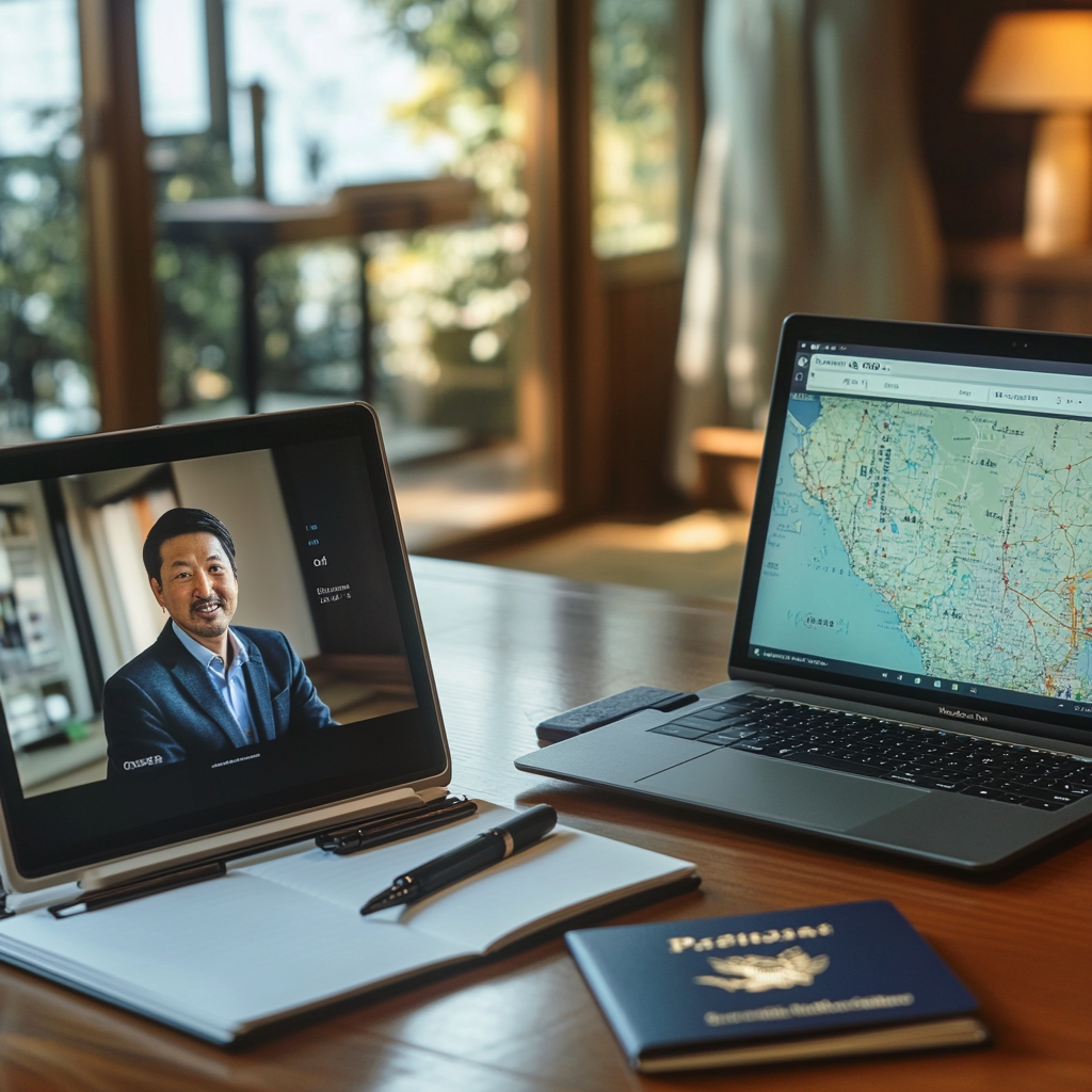Person in video call with a relocation consultant, Japanese passport and map of Japan visible on desk